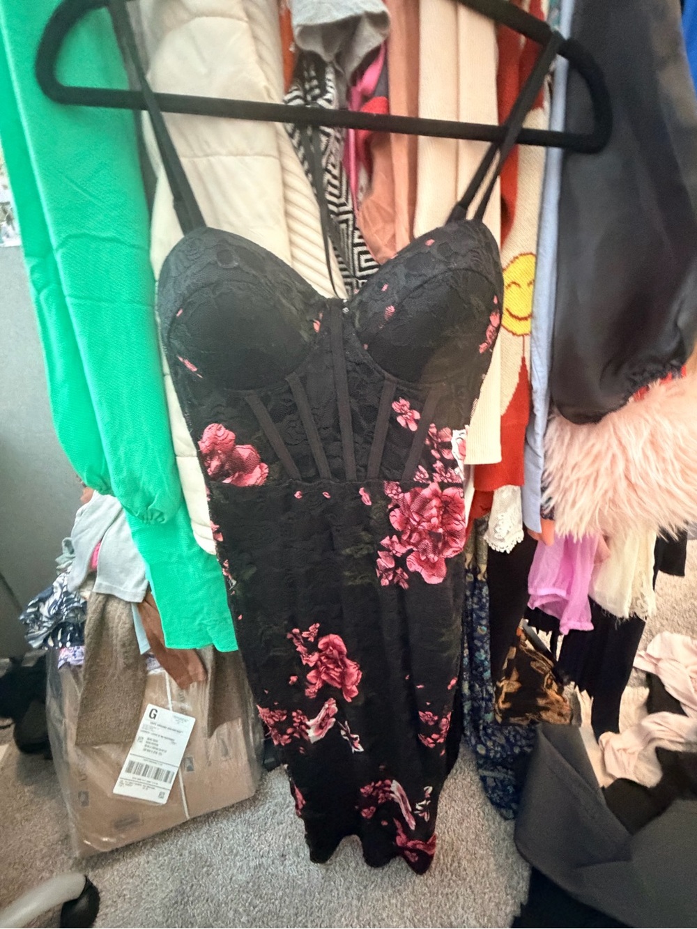 Vintage Windsor Black Strapless Bustier Dress with Pink Floral Print